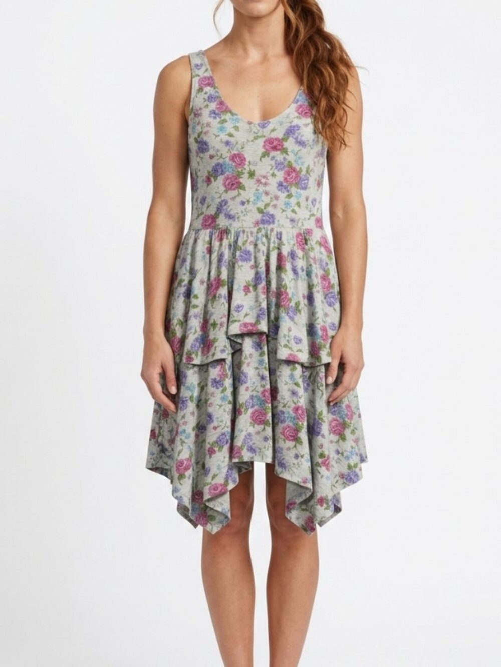 Vintage 90s dELiA*s Gray Floral Hi-Low Ruffle Dress Size L Large